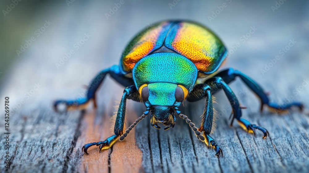 Fototapeta premium Vibrant Jewel Scarab Beetle on Weathered Wood
