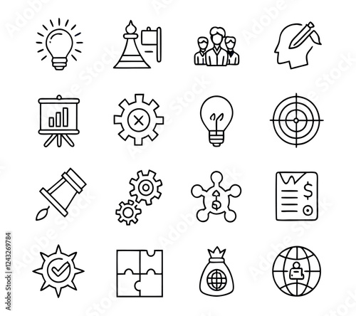 Solution thin line icon vector set. Containing problem solving, light bulb, idea, strategy, creativity, innovation, meeting, teamwork, connecting, management, puzzle, creative, invention,