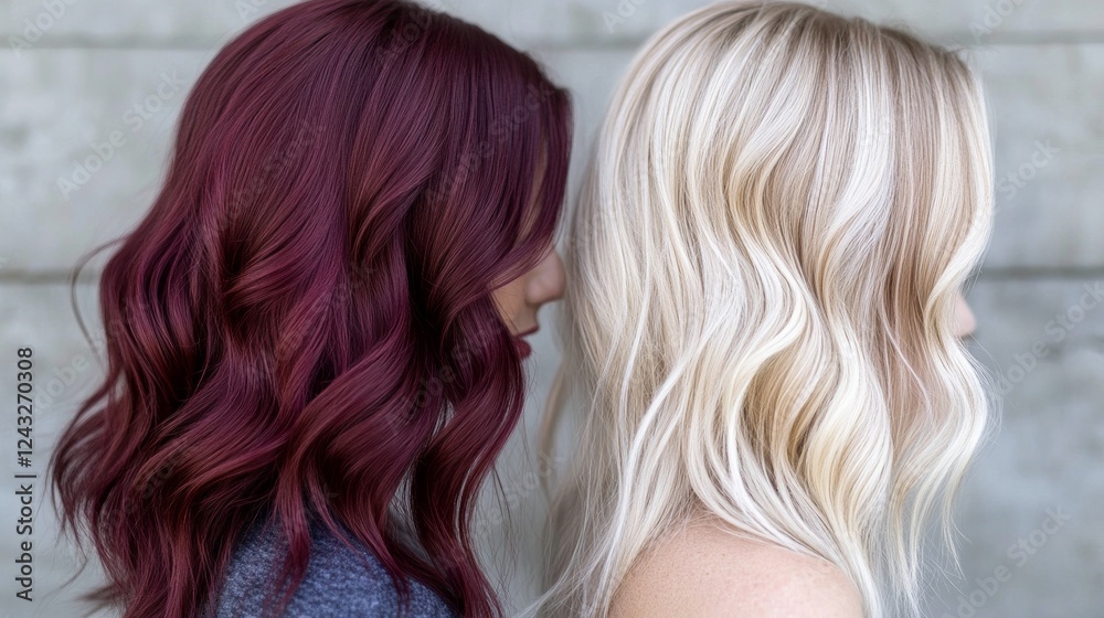 Naklejka premium Beautiful, shiny and healthy two colours of hair: burgundy and soft blond texture