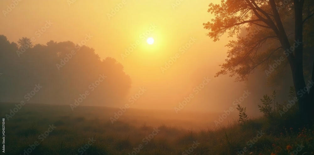 Fototapeta premium Soft gold light passes through misty atmosphere, gentle illumination, hazy, foggy