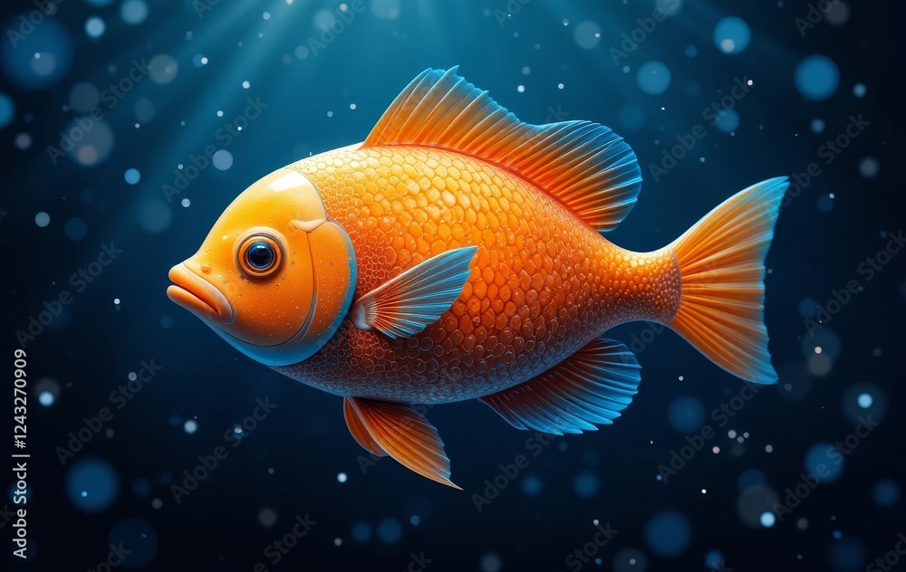A digital illustration of an orange fish swimming in a dark blue underwater environment with bokeh lights. A digital illustration of an orange fish swimming in a dark blue underwater environment with bokeh lights.