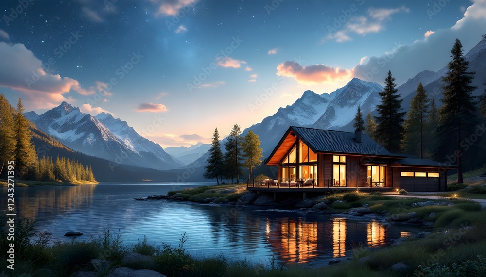 Fototapeta premium Mountain Lake Cabin Sunset Landscape Peaceful Scenery