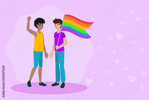 Young couple holding hands and raising rainbow flag at pride parade