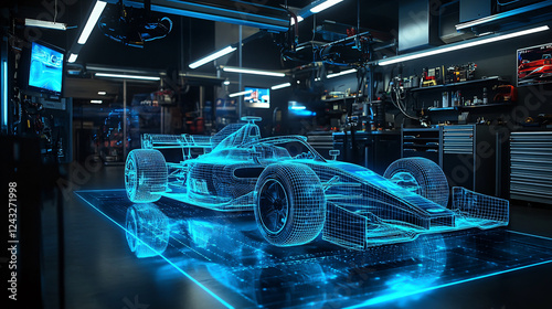A holographic race car rendering appears to float in a modern garage workshop, surrounded by blue light.