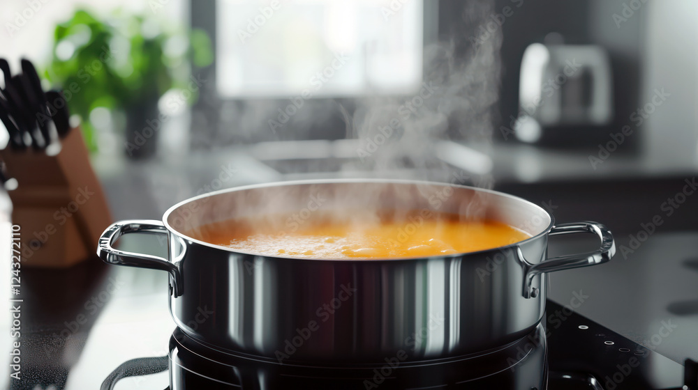 Pumpkin puree soup cooking in a steel pan on an induction stove in a modern kitchen