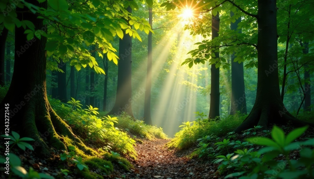 Fototapeta premium Sunbeams pierce through leafy gaps in the forest, forest floor, sunlight, nature's textures