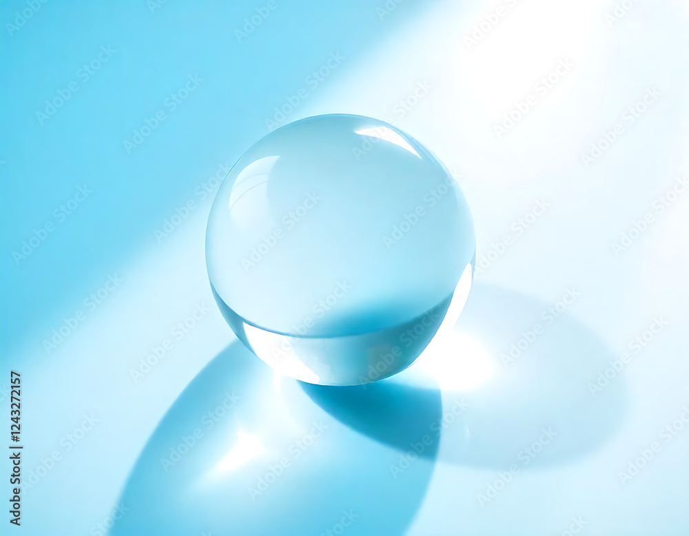 macro of transparent glass ball on light blue background with shadow, blue tones macro of transparent glass ball on light blue background with shadow, blue tones