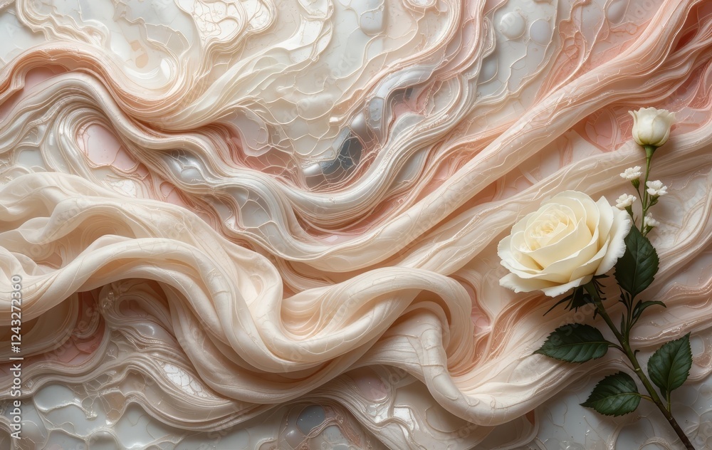 A close-up of a silk fabric with an abstract wave pattern and a bouquet of white roses in the corner A close-up of a silk fabric with an abstract wave pattern and a bouquet of white roses in the corner