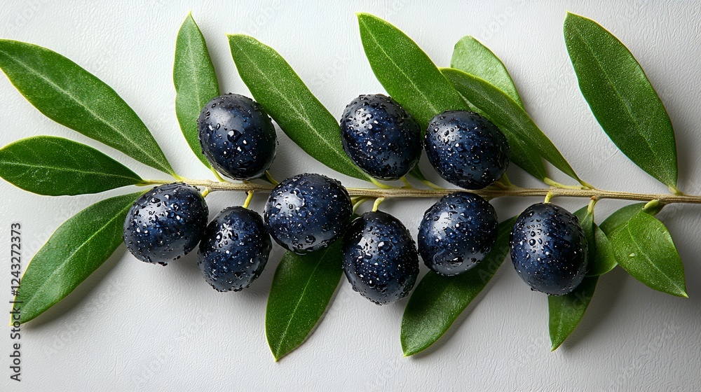 Ripe black olives on branch, leaves, white background, food photography Ripe black olives on branch, leaves, white background, food photography