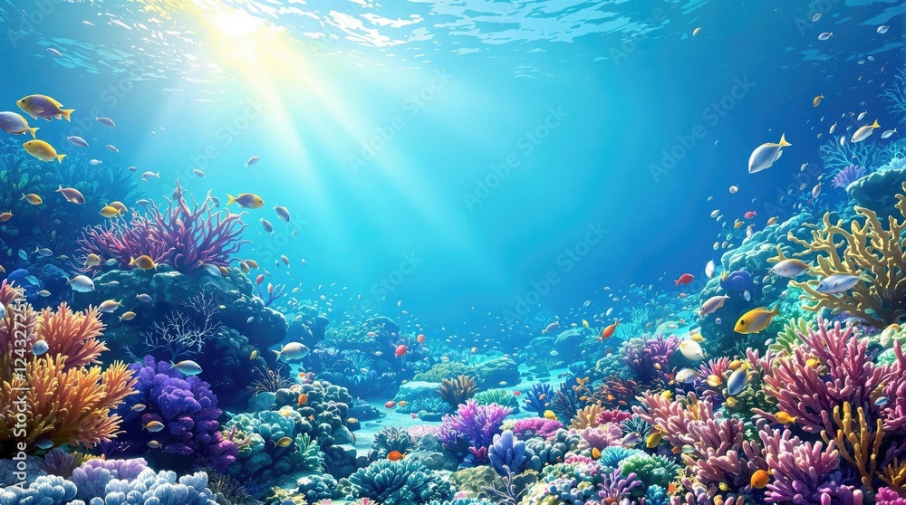 Fototapeta premium Sunlit sand ocean floor with diverse sea life, oceanic environment, tropical sea