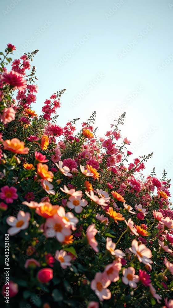 Pink and orange flowers bloom in a garden against a bright blue sky Pink and orange flowers bloom in a garden against a bright blue sky