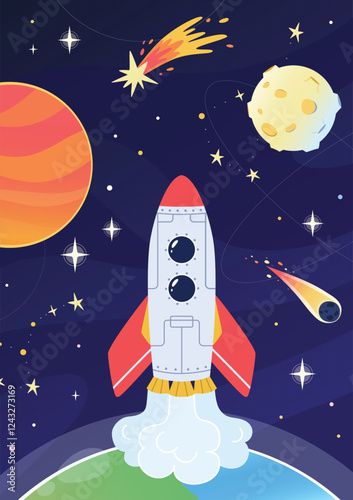 Spaceship takeoff from planet earth into outer space. New extraterrestrial discoveries. Children's poster on space theme. Space travel. Vector illustration