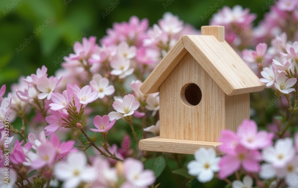 A wooden birdhouse surrounded by white and pink flowers with a green background A wooden birdhouse surrounded by white and pink flowers with a green background