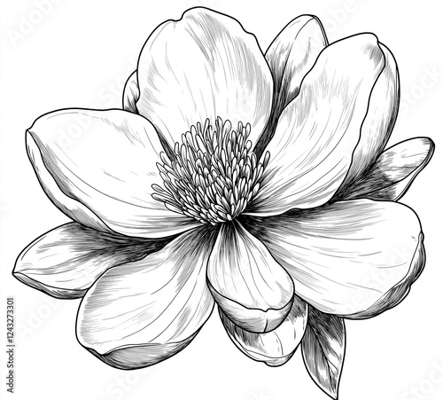 black and white line art of an outline of one single magnolia flower.