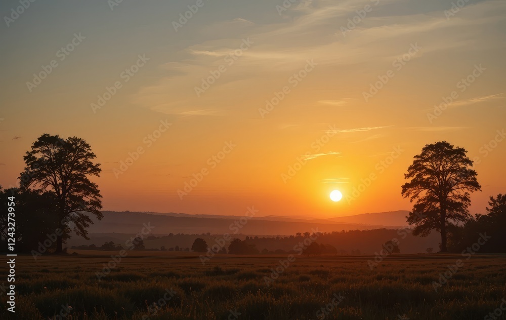 A landscape photo of a sunset with warm tones and trees silhouetted on either side A landscape photo of a sunset with warm tones and trees silhouetted on either side
