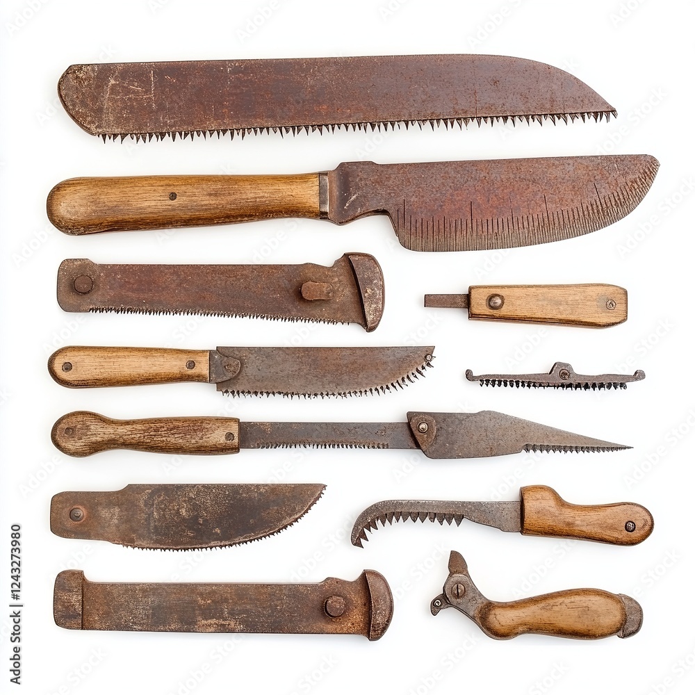 set of hand saws in various sizes, isolated white background. set of hand saws in various sizes, isolated white background.