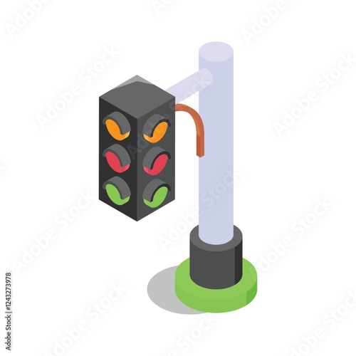 This isometric icon showcases a traffic light with a simple, clean design