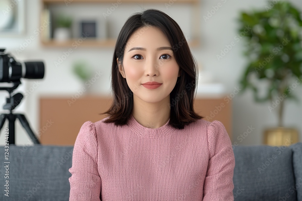 A Confident Woman in a Pink Sweater, Ready for a Video Streaming Session A Confident Woman in a Pink Sweater, Ready for a Video Streaming Session