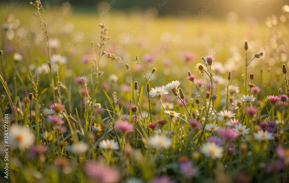 Fototapeta premium A close-up of green grass and colorful flowers with sunlight shining through them