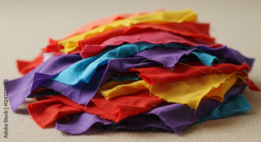 Pile of Vibrant Rainbow Colored Fabric Scraps Studio Shot Pile of Vibrant Rainbow Colored Fabric Scraps Studio Shot