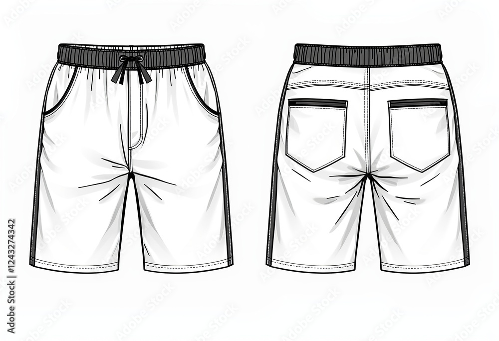 Technical Fashion Illustration, Striped Shorts, Flat Drawing, Elastic Waist, Pockets, Front & Back View, Unisex CAD Mockup, Women's & Men's Wear, Apparel Design, Vector, Fashion Template.
Technical Fashion Illustration, Striped Shorts, Flat Drawing, Elastic Waist, Pockets, Front & Back View, Unisex CAD Mockup, Women's & Men's Wear, Apparel Design, Vector, Fashion Template.