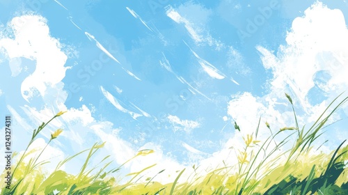 Serene Landscape with Fresh Grass and Clear Sky in the Morning