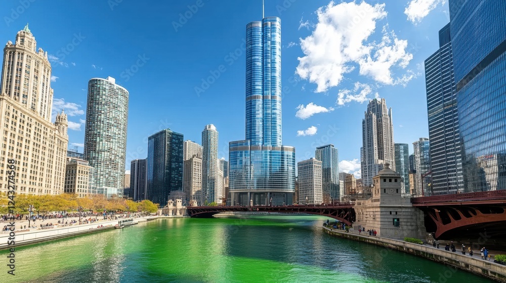 Fototapeta premium Vibrant cityscape of downtown Chicago featuring iconic Chicago River, dyed in striking, bright green
