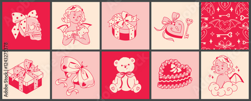 Coquette collection of pink line art for girls birthday, wedding day, vintage or modern projects. Gifts, romantic angels, hearts, baby bear, playful seamless motif, gothic skull adorned with big bow