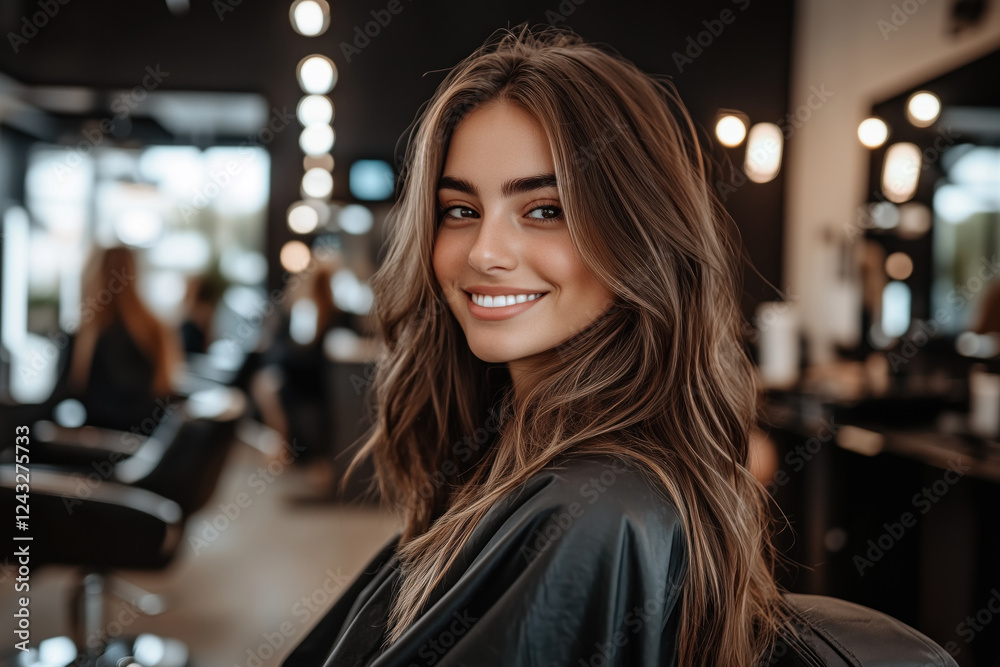 Satisfied beautiful woman costumer in the hair saloon.