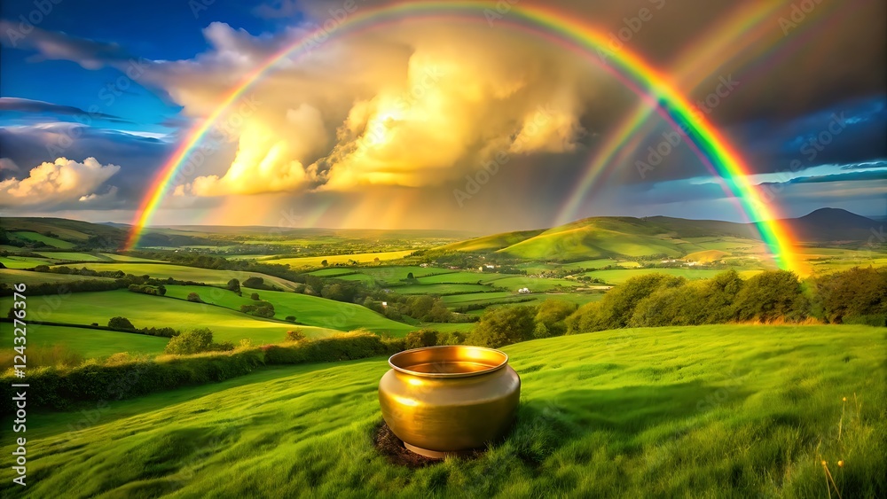 Dramatic Irish Countryside with Rolling Green Hills, Double Rainbow, and a Golden Pot of Coins Dramatic Irish Countryside with Rolling Green Hills, Double Rainbow, and a Golden Pot of Coins