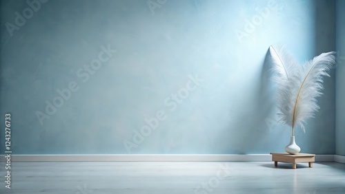 Serene Minimalist Interior Design with a White Feather Arrangement on a Small Wooden Table Against a Light Blue Wall
