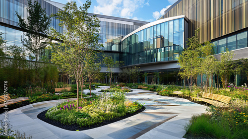 An eco-friendly hospital building designed with healing gardens and biophilic principles to enhance patient well-being.