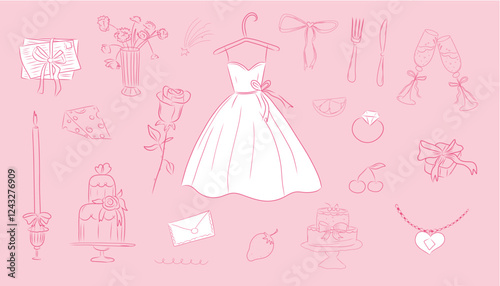 Romantic coquette set, pastel pink wedding feminine collection. Cude doodle baw, ribbon. Heart, flowers and presents, love letter.
