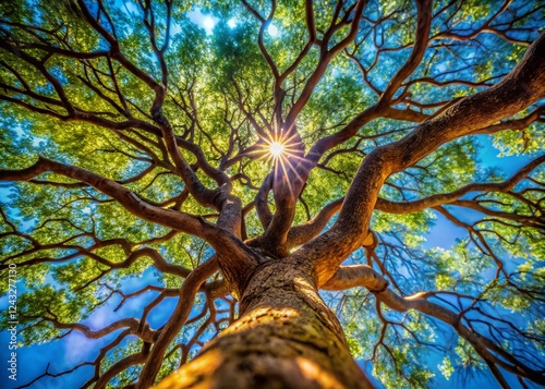 Broken Bones Tree (Oroxylum indicum) Canopy against Blue Sky - Bokeh Effect photo