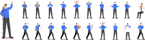 Set of busy businessman characters: young man in different poses, movements and gestures, sitting and standing. Office worker concept