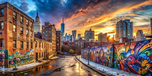 Bronx Graffiti Mural Panorama, NYC Street Art, Red Brick Wall, Urban Exploration, January 2024