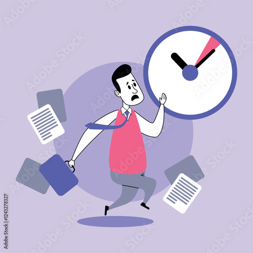 Businessman hurriedly running while holding briefcase, surrounded by scattered documents and large clock emphasizing urgency. Stress of busy workday concept