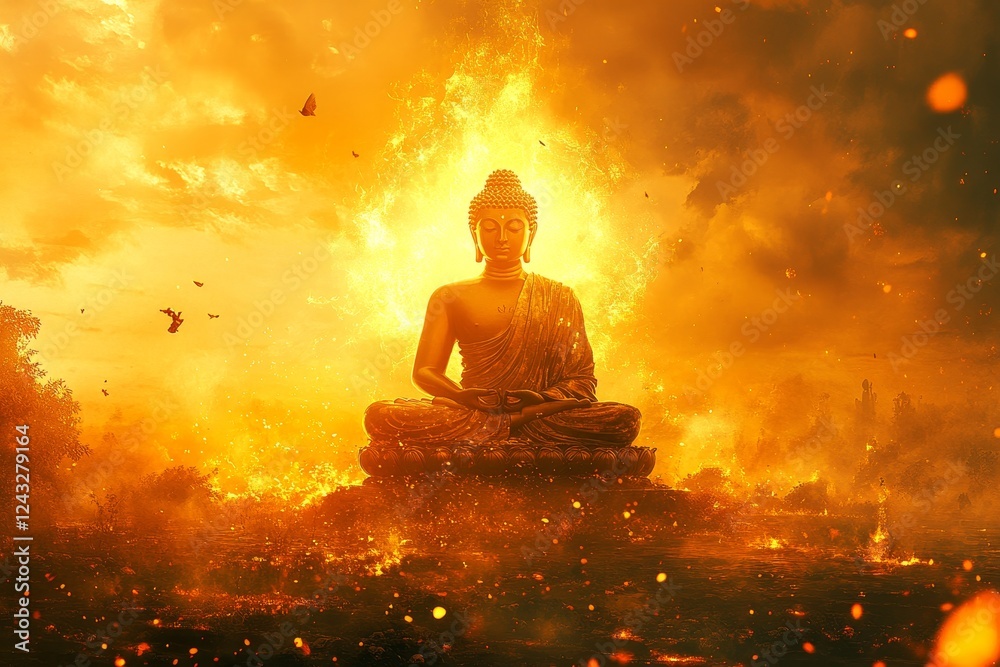 Buddha statue amidst fiery sunset, serene amidst chaos; spiritual imagery Buddha statue amidst fiery sunset, serene amidst chaos; spiritual imagery