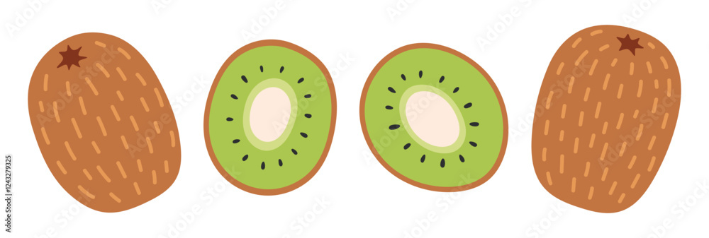 Fototapeta premium Kiwi set. Tropical fruits. Kiwi half, whole exotic fruit. Collection of organic vitamins and healthy nutrition. Flat Vector illustration isolated on white background