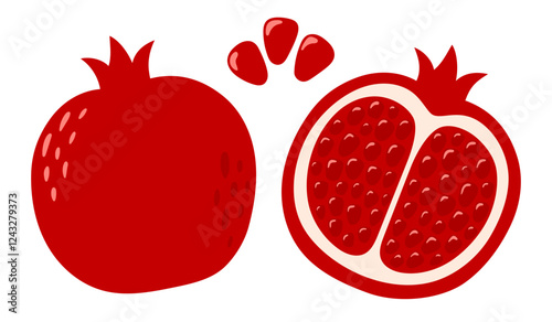 Pomegranate set. Half and whole fruits, berries, seeds. Collection of organic vitamins and healthy nutrition. Flat Vector illustration isolated on white background