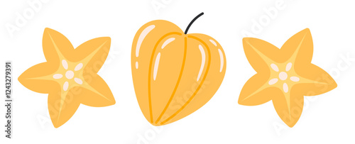 Carambola star fruit set. Tropical fruits. Half and whole exotic fruit. Collection of organic vitamins and healthy nutrition. Flat Vector illustration isolated on white background