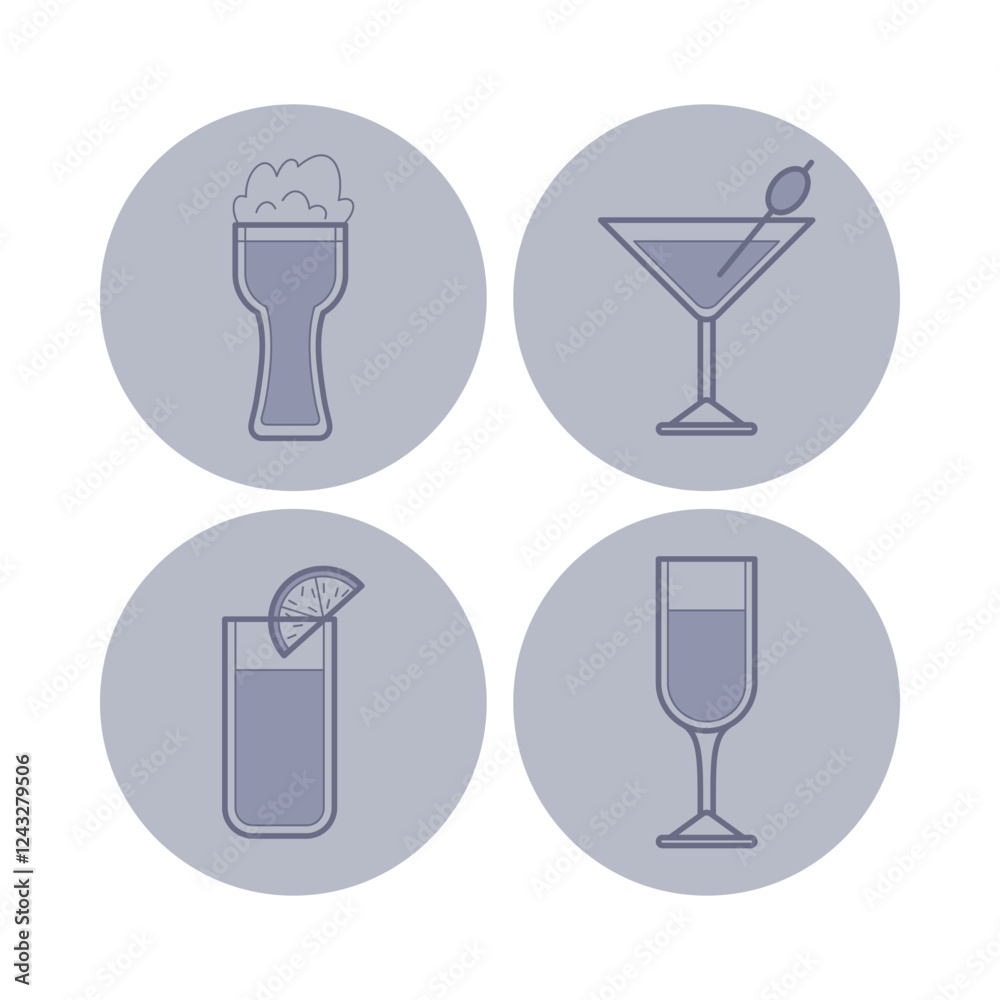 Collection of drink icons in circular outlines. Milkshake, cocktail, lemonade, and champagne glass, showcasing contemporary design aesthetics Collection of drink icons in circular outlines. Milkshake, cocktail, lemonade, and champagne glass, showcasing contemporary design aesthetics