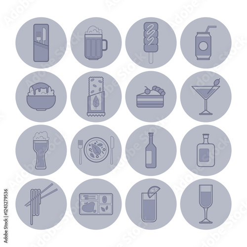 Collection of food and drink icons arranged in grid format. Diverse culinary items and beverages, ideal for menus or concept visuals