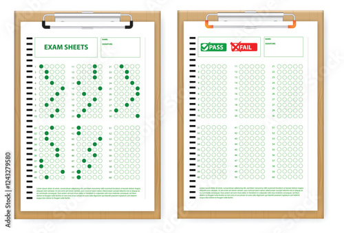 Set illustration of realistic Exam Answer Sheet with Pass and Fail Status, isolated