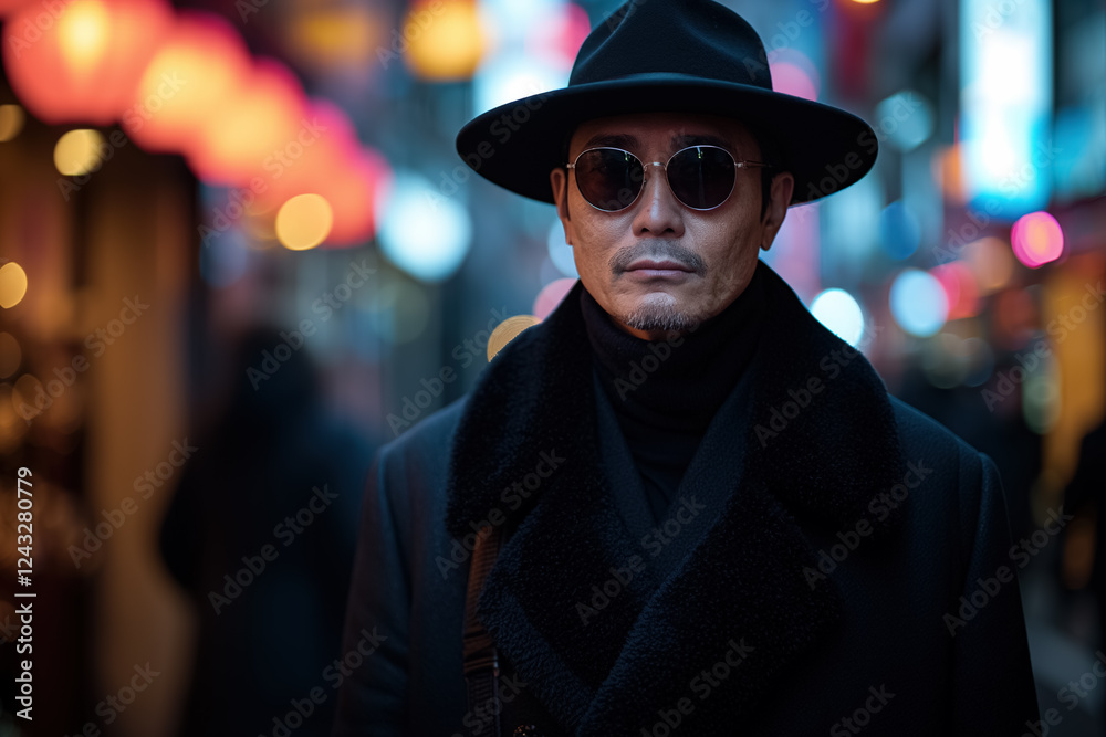 Mature man in black coat and hat with sunglasses on urban night street Mature man in black coat and hat with sunglasses on urban night street