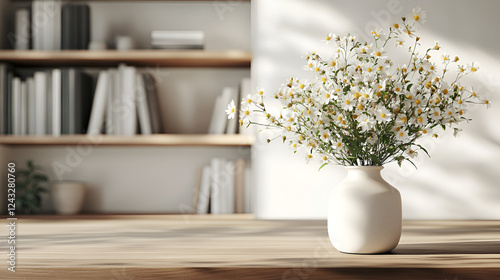 Spring Wildflower Farmhouse Zoom Background for Virtual Meetings, minimalist bookshelf, neutral color palette, ad posters, geometric ceramic vases, white background, soft-focus, minimalistic objects
