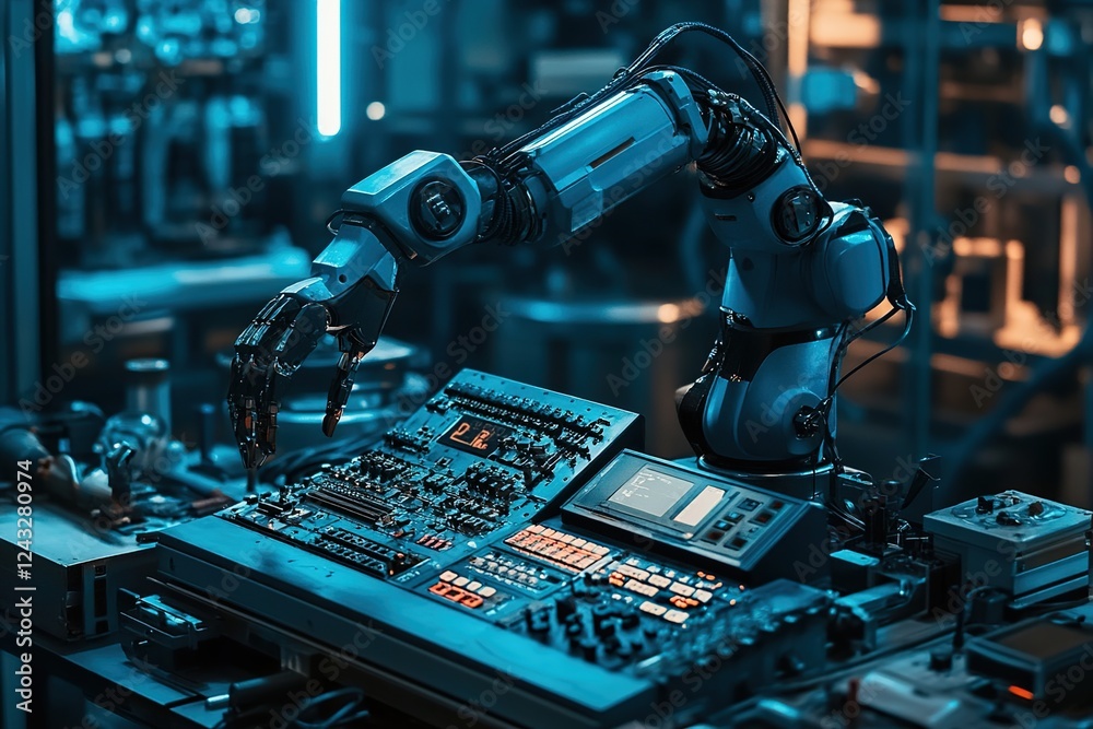 Fototapeta premium Robotic Arm Precisely Manipulates Circuit Board Components in Advanced Factory Setting