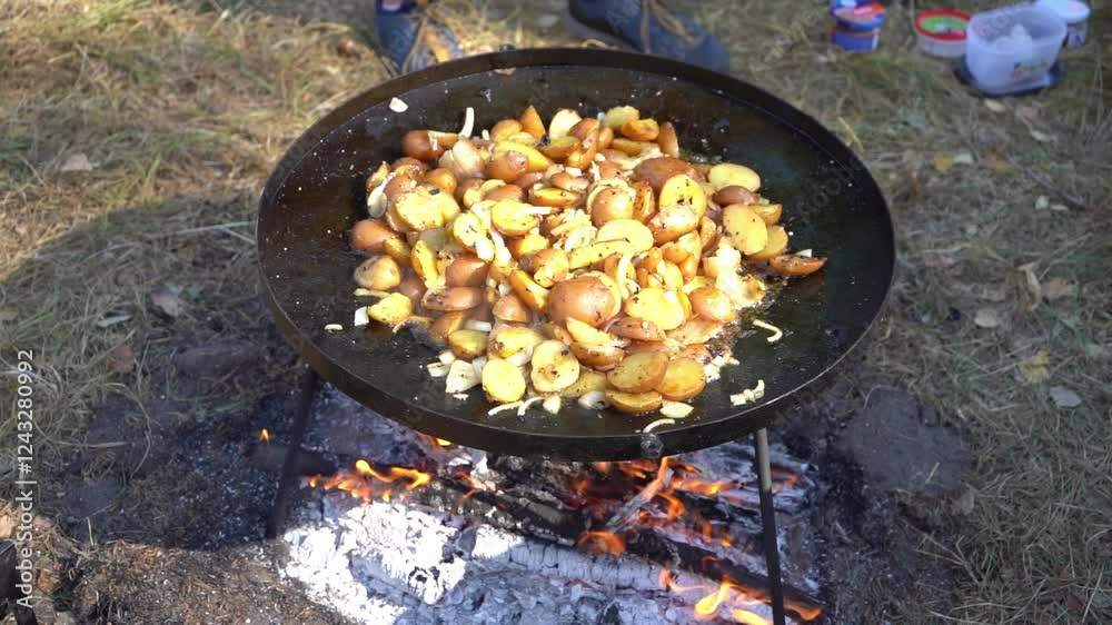Cooking food on a campfire while hiking. Fried potatoes. Frying pan on a fire outdoors. Street food cook in nature. Cooking food on a campfire while hiking. Fried potatoes. Frying pan on a fire outdoors. Street food cook in nature.