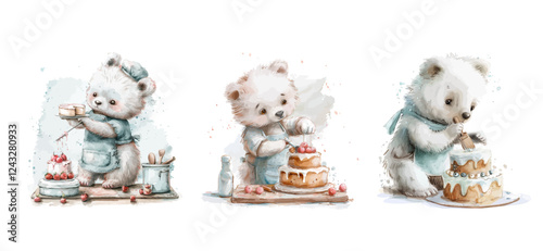 Cute polar bear making cake, For kids birthday party Print for invitation card Poster template Watercolor style, vector