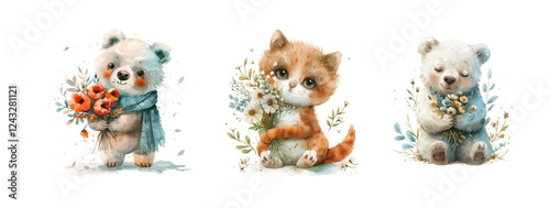Cute animals with flowers. Cute kitten on white background. For kids birthday party Invitation card print Watercolor style poster template